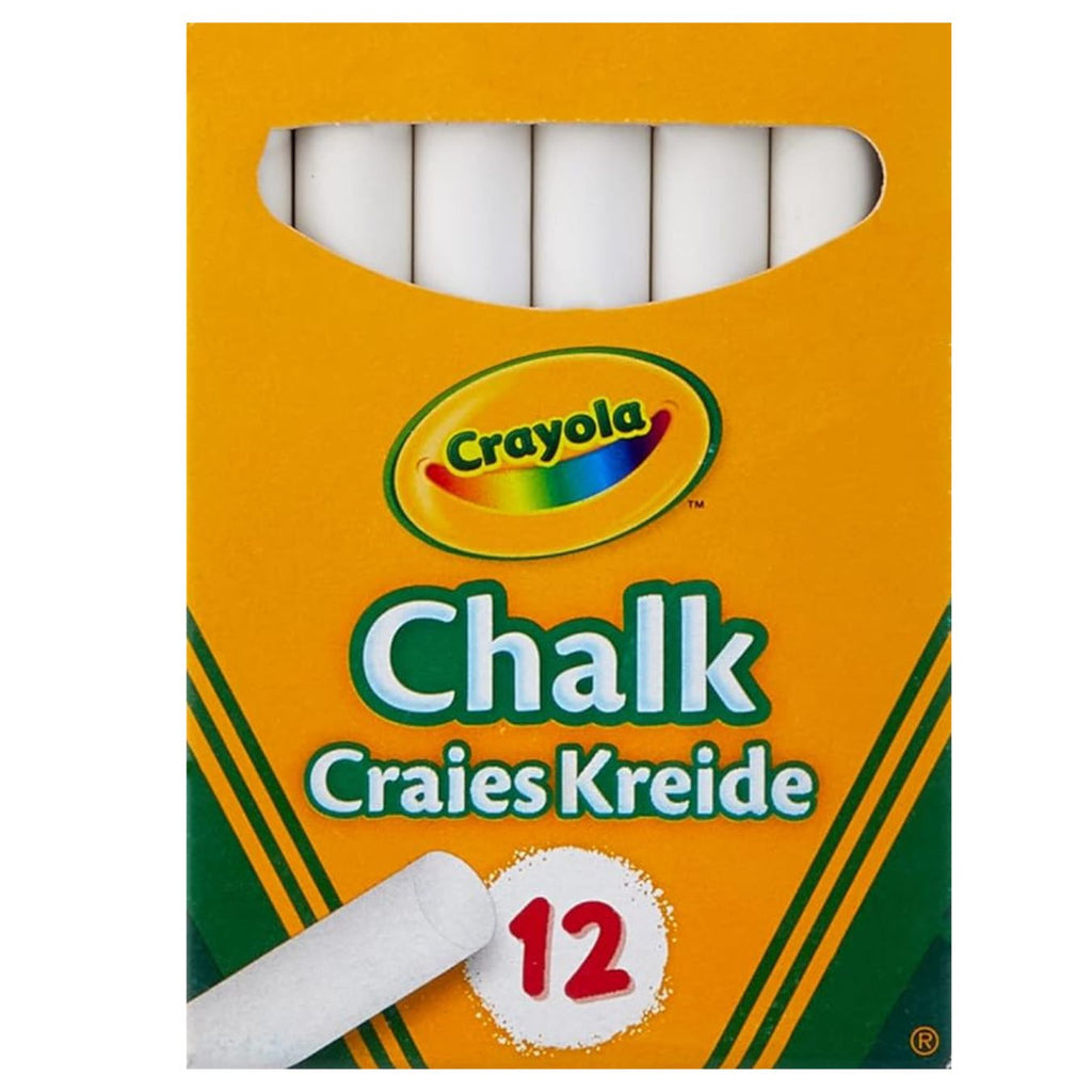 Crayola Anti-Dust White Chalk Pack with 12 pieces arranged neatly.