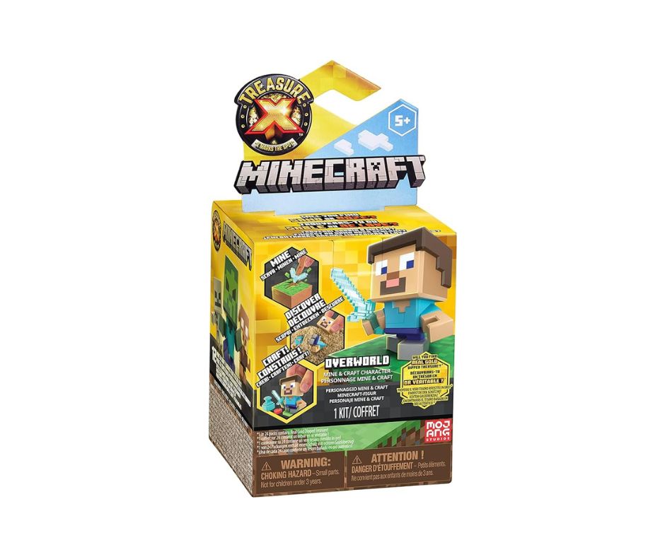 Treasure X Minecraft Single Pack Overworld Adventure! Dig through mystery layers to find a Minecraft character and hidden treasure surprise! Ages 5+ (due to small parts).