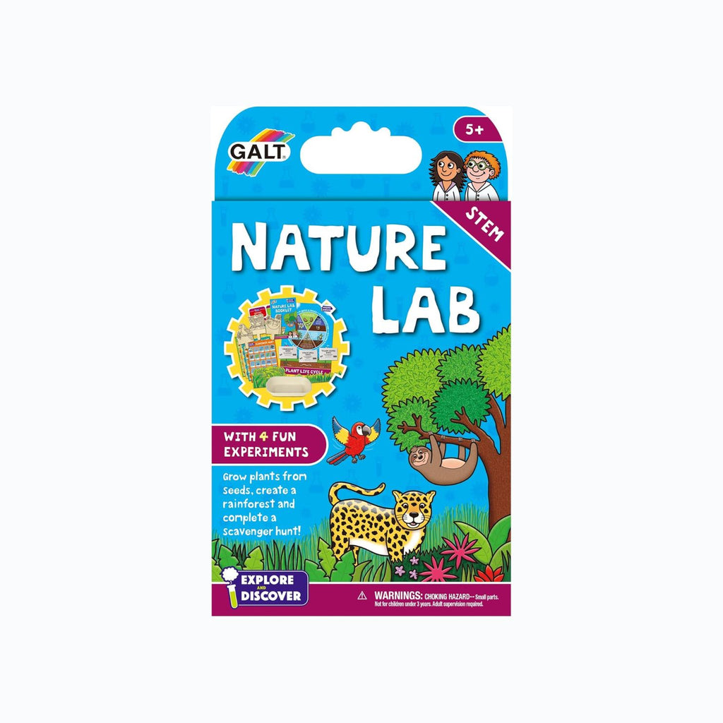 Galt Nature Lab box showing bright and colorful illustrations of the included science tools, such as test tubes, magnifying glass, and collection jars, inviting children to explore the wonders of nature.