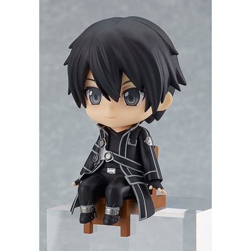 Front View of Charming sitting figure of Kirito from Sword Art Online, featuring detailed Nendoroid design.