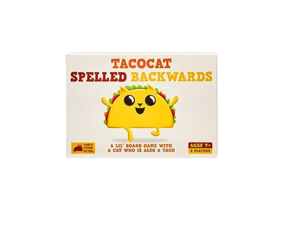 "Tacocat Spelled Backwards: A hilarious 2-Player Card Game by Exploding Kittens. Suitable for ages 7 and up, this game promises laughs and strategic fun as players race to build palindrome words and outwit their opponent."
