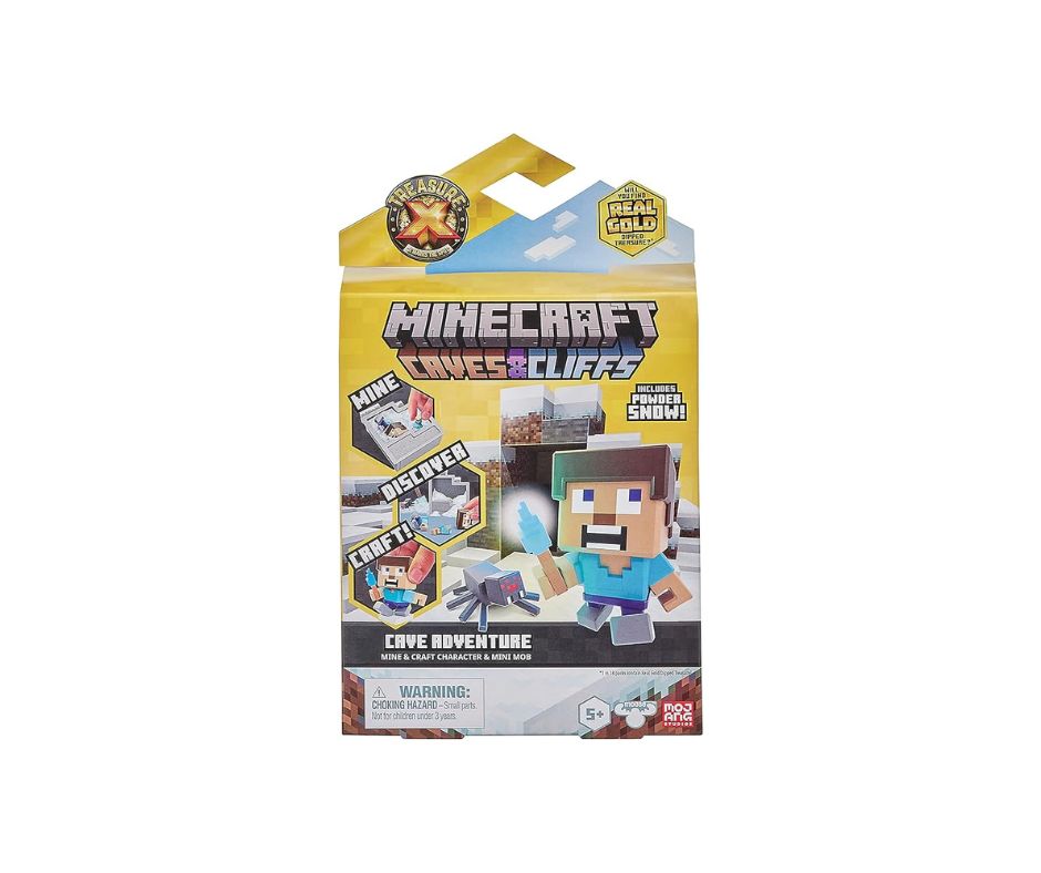 Minecraft Caves & Cliffs Cave Adventure Pack by Treasure X. Uncover 16 levels of surprise! Mine through snow, craft characters, and discover real gold dipped treasure! Ages 4+ (due to small parts).