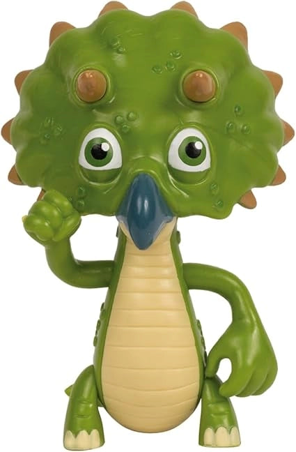 Toy dinosaur with a green body, brown spikes, and blue beak on a white background
