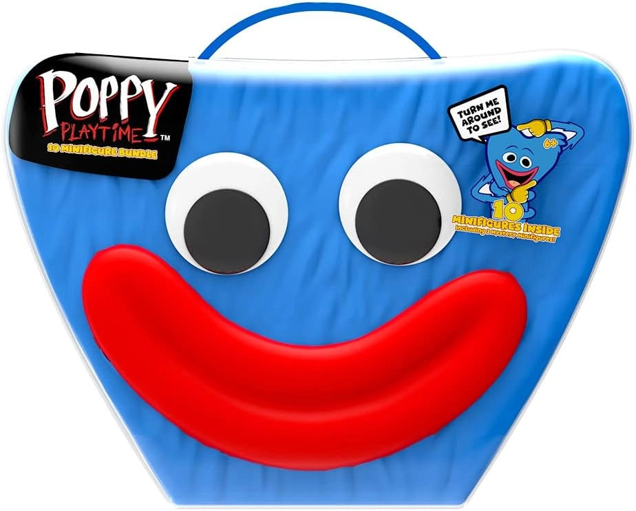 Blue face-shaped pillow with Poppy Playtime branding on a white background