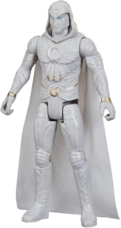 Action figure in a white superhero costume with cape on a white background