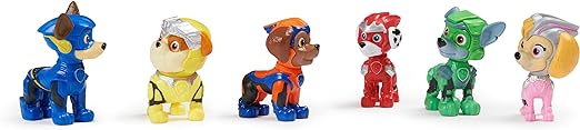 Six collectible PAW Patrol action figures from the movie, including Chase, Marshall, Rocky, Rubble, Zuma, and Skye. Includes movie uniforms and realistic fur details. Ages 3+.