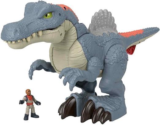 Imaginext Jurassic World Ultra Snap Spinosaurus toy with light-up eyes and fins, chomping action, and dinosaur sounds. Includes a human figure.