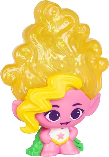 Toy figure with pink face, green dress, and yellow hair on a white background