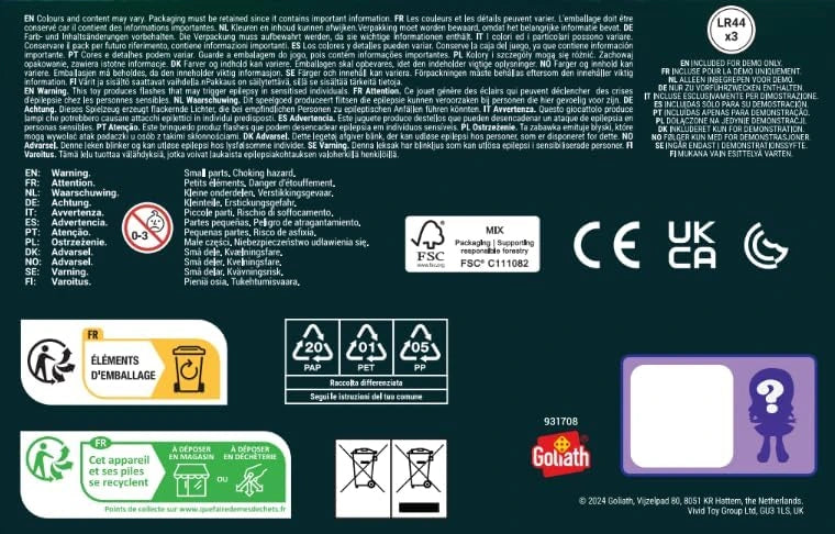 Back of a product packaging with text, symbols, and logos on a dark background