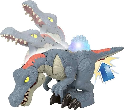 "Imaginext Jurassic World Ultra Snap Spinosaurus with lights, sounds, and articulated movement of head for dynamic play.