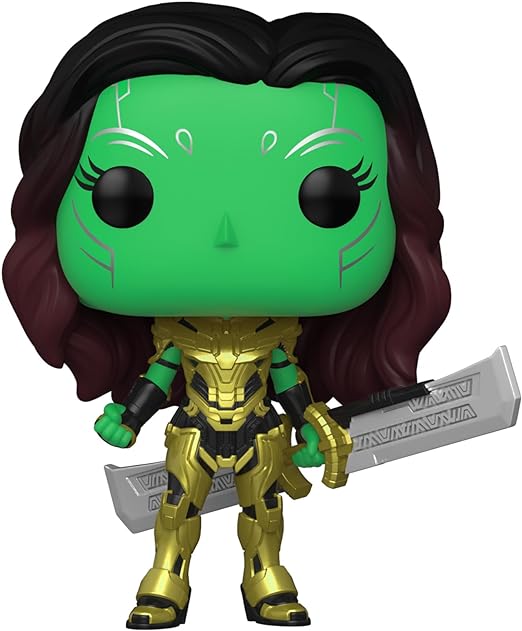 Funko Pop! vinyl bobblehead figure of Gamora from the Marvel animated series "What If...?". This version of Gamora wields the double-bladed weapon known as the "Blade of Thanos". Figure stands approximately 3.75 inches tall.