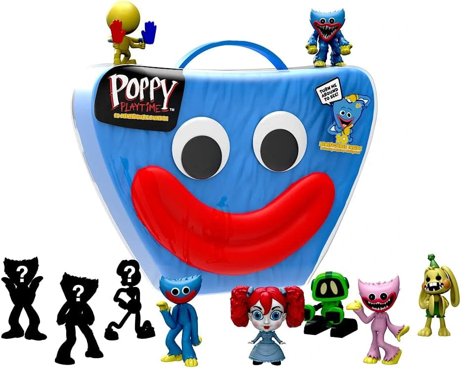 Poppy Playtime toy set with a blue smiling container and various small figures on a white background