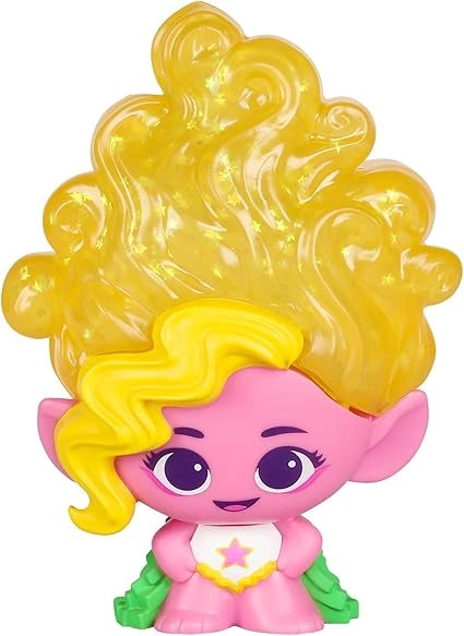 Toy figure with pink face, yellow hair, and green outfit on a white background