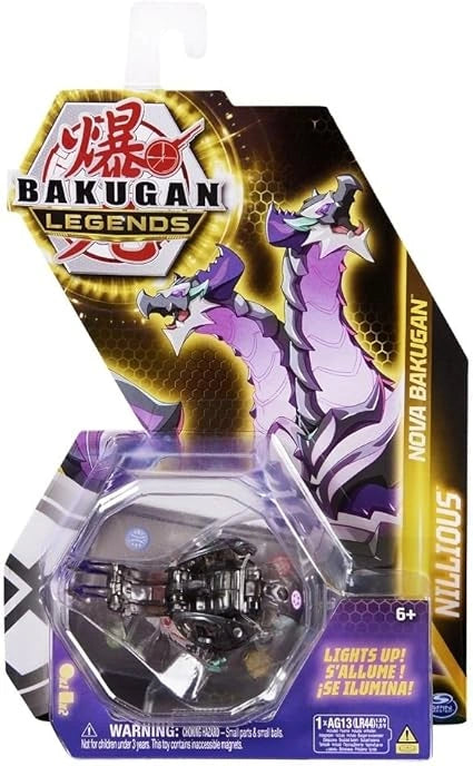 Bakugan Legends toy package with a purple and white Nillious character on a black background