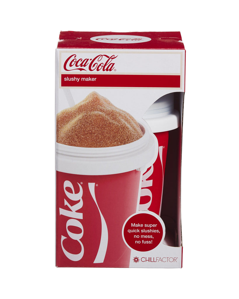 Chill Factor Coca-Cola Slushy Maker. Red, reusable cup for making slushies at home. Freeze the container, then add your favorite chilled drink and squeeze to create a slushy in seconds. Includes a reusable spoon straw.