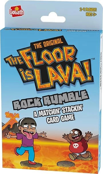 Card game packaging for 'The Floor is Lava! Rock Rumble' with characters on a lava and rock background.