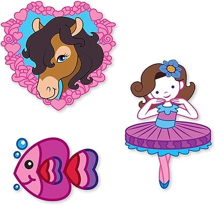 Cartoon horse, girl in a dress, and fish tattoo designs on a white background