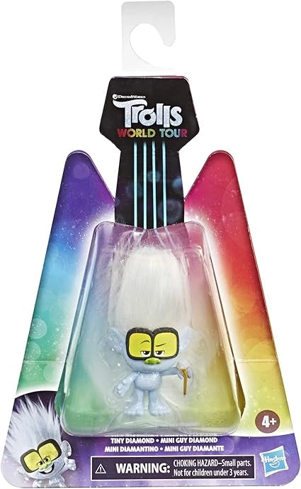Tiny Diamond Toy figure in packaging with colorful wings and 'Trolls World Tour' branding
