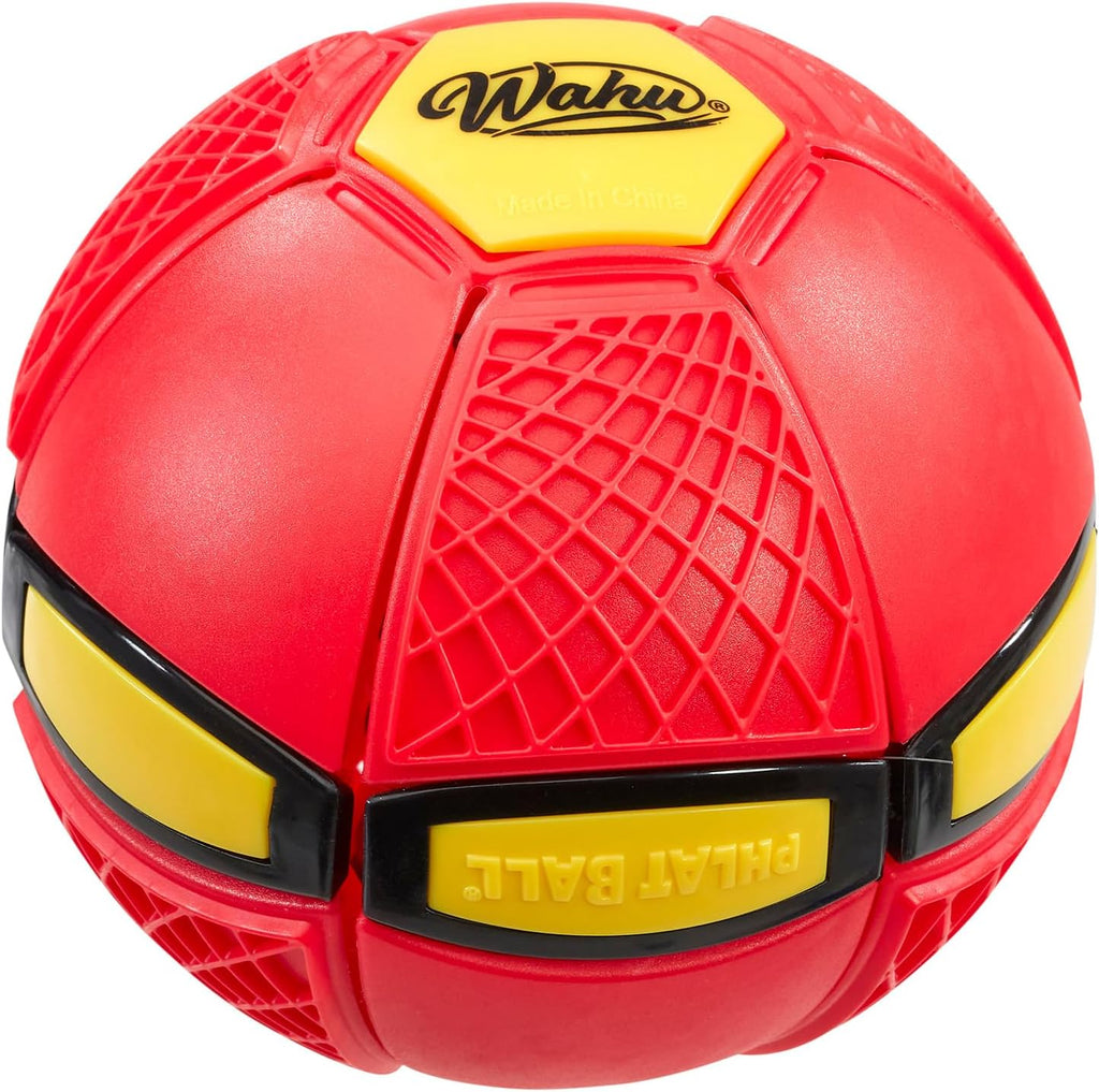 WAHU Phlat Ball Junior in red, shown as a 15cm flying disc, ready to be thrown outdoors."