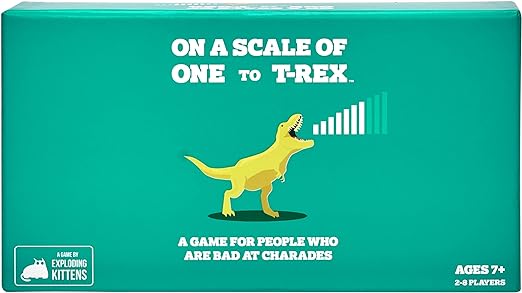 Board game, On a Scale of One to T-Rex, by Exploding Kittens. Fun for families and kids. Players act out intensities, 1 to T-Rex. Ages 7+"