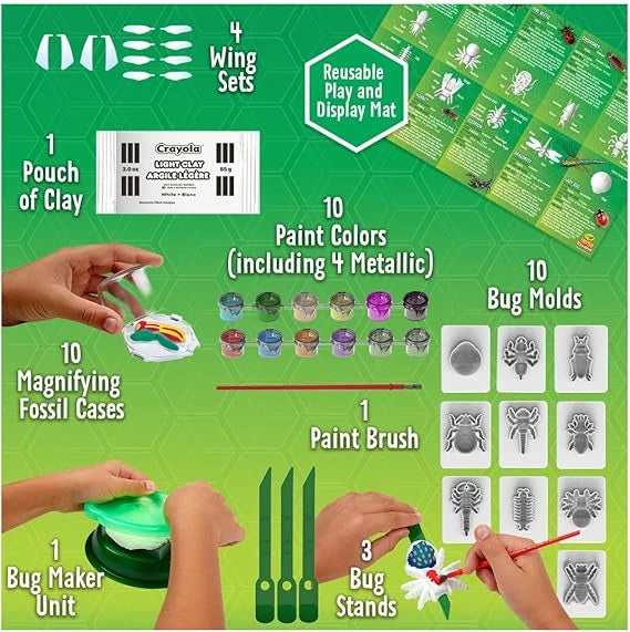 Children's art kit with clay, paint, and molds on a green background