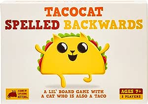 Tacocat Spelled Backwards! 2-player card game by Exploding Kittens. Fun, fast-paced strategic battles for ages 7+. Play number cards, win rounds, move Tacocat token. Special palindrome cards add surprises. Folds into portable board. Perfect for families and travel!