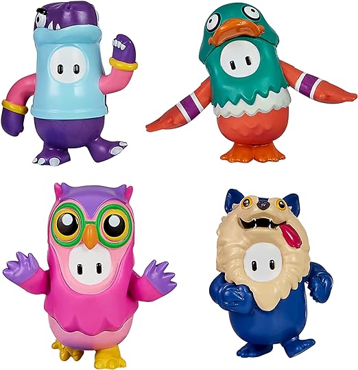 Four collectible Fall Guys mini figures in animal costumes: T-Rex, Huff Puff (blowfish), Mallard (duck), and Twit (exclusive)! 1.5 inches tall, with removable checkered display bases.