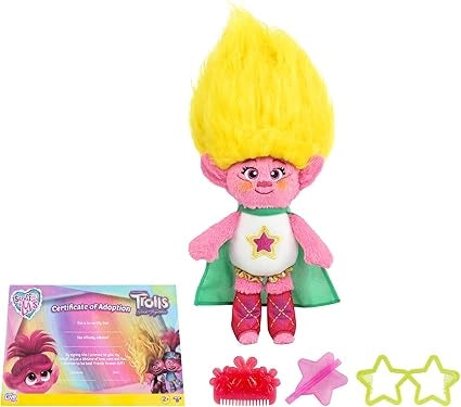 Toy doll with yellow hair and superhero outfit, including a certificate and accessories on a white background