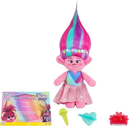 Plush toy with colorful hair and accessories on a white background