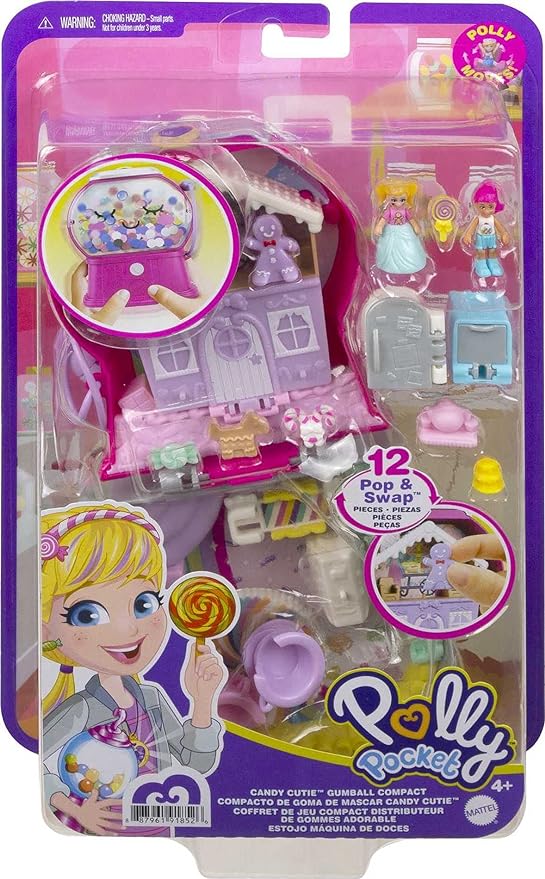 Polly Pocket Candy Cutie gumball-shaped compact playset with micro dolls, accessories, and surprise reveals.