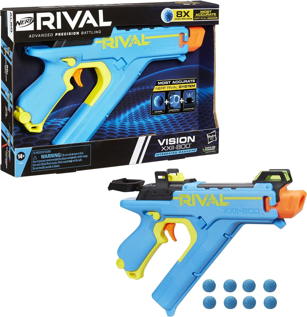 NERF Rival Vision XXII-800 blaster. High-accuracy blaster with an adjustable sight for improved aim. Features an integrated 8-round magazine and fires Nerf Rival Accu-Rounds at velocities up to 90 feet per second. Includes 8 Accu-Rounds, the most accurate Nerf Rival rounds ever! Great for target practice or competitive Nerf battles. Ages 14 and up. Warning: Wear eye protection.