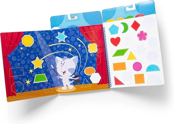 Children's activity book with colorful shapes and a cartoon character on a white background