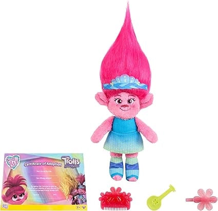 Plush toy with pink hair and blue dress, accompanied by a certificate of adoption and accessories on a white background.