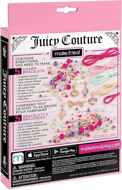 Juicy Couture make it real jewelry making kit packaging with colorful jewelry pieces.