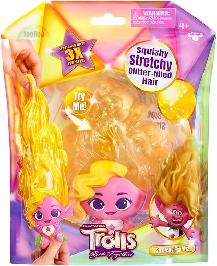 Trolls Squishy Stretchy Glitter-filled Hair toy packaging with yellow hair strands and character figures.