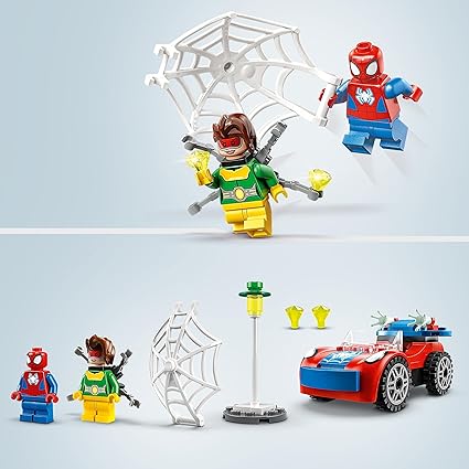 Close-up of LEGO minifigures Spider-Man and Doc Ock with articulated limbs.