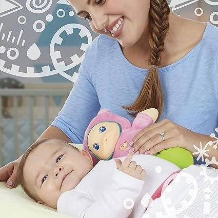 Woman holding a baby and a colorful toy with a decorative background