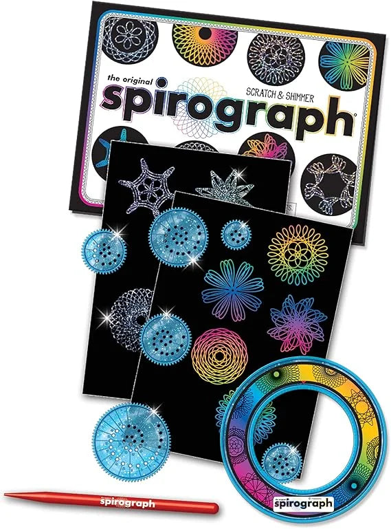 Spirograph set with design sheets, rings, and a pen on a white background