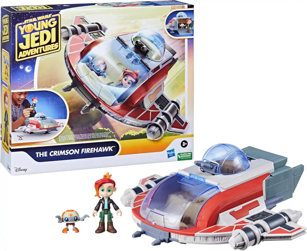 Toy spaceship with figures and packaging for 'Young Jedi Adventures' on a white background