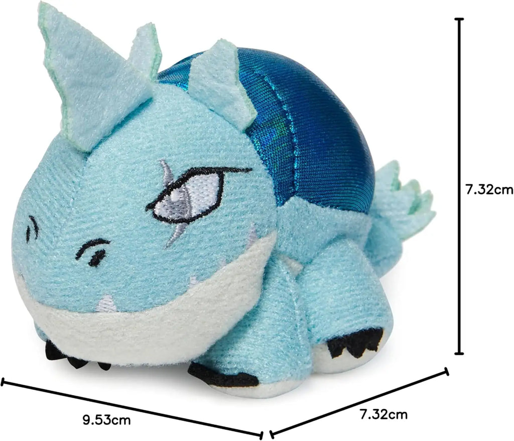 Blue and white plush toy with measurements on a white background