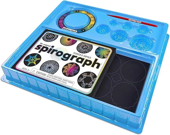 Spirograph design set with blue case on a white background