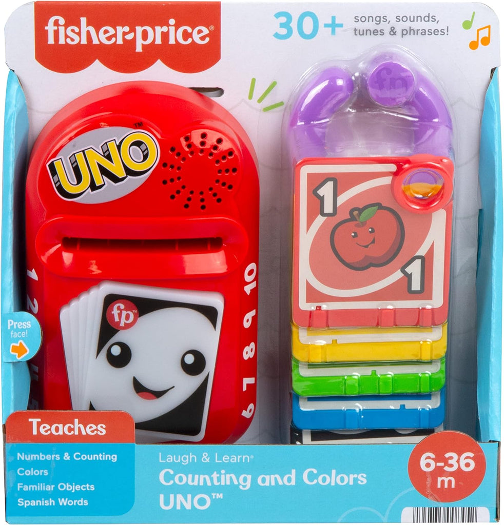 Fisher-Price Laugh & Learn Counting Colors UNO multilingual toy. Interactive learning toy for toddlers (ages 6-36 months) that introduces numbers, colors, and shapes through engaging songs, sounds, and lights. Helps develop motor skills and early learning concepts in a fun and playful way. Features multilingual learning.