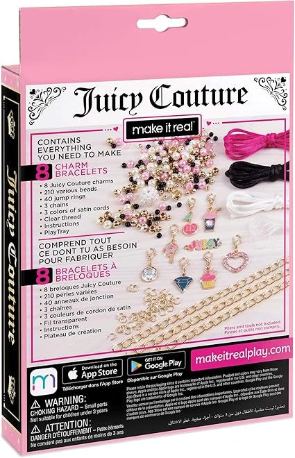 Back side of Juicy Couture jewelry making kit packaging with pink and black design