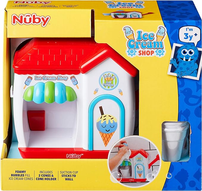 "Transform bath time with the Nuby Ice Cream Shop Bubble Machine! Designed for ages 3 and up, this playful device creates a cascade of bubbles, making bath time a fun and enjoyable experience for kids."
