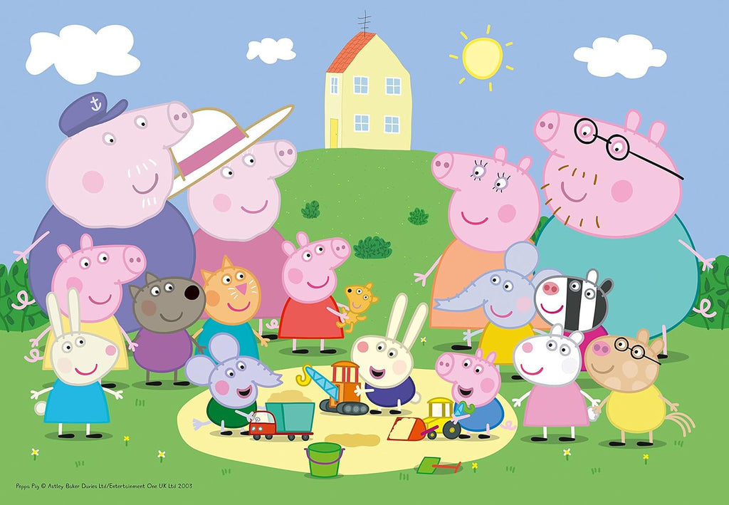 Completed Ravensburger Peppa Pig Fun In The Sun 35-piece jigsaw puzzle, showing Peppa Pig and friends enjoying a sunny day."