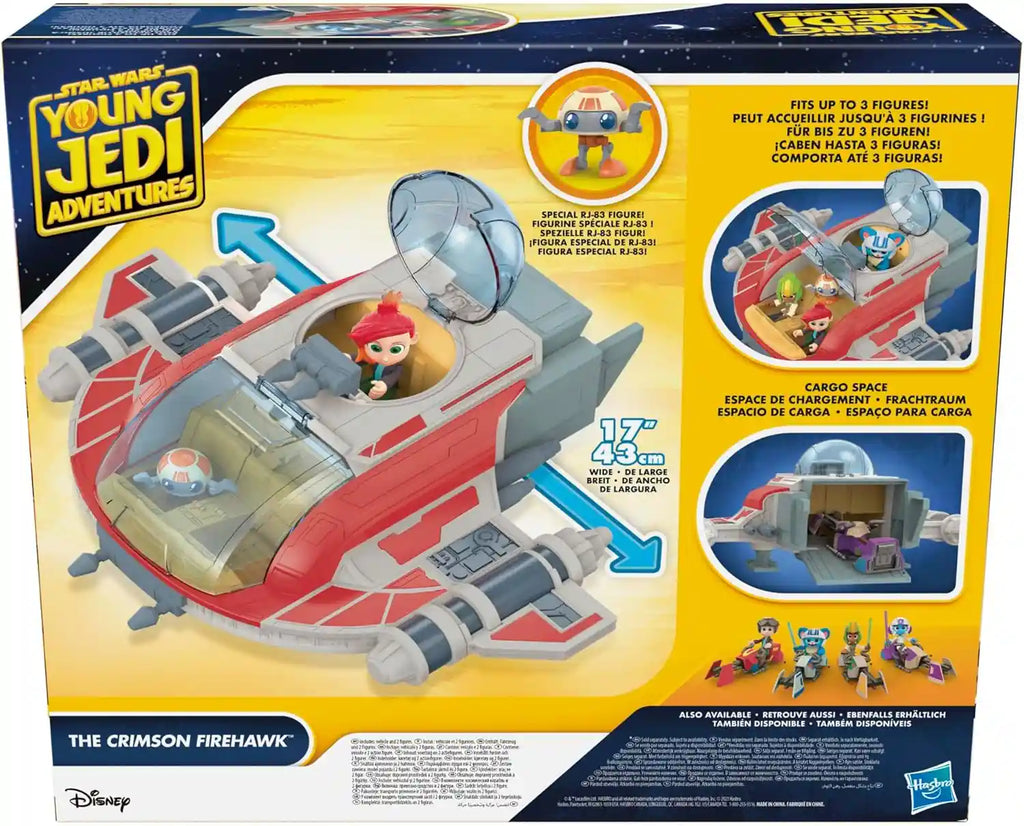 Toy spaceship packaging for 'The Crimson Firehawk' from 'Star Wars: Young Jedi Adventures' with character figures included.