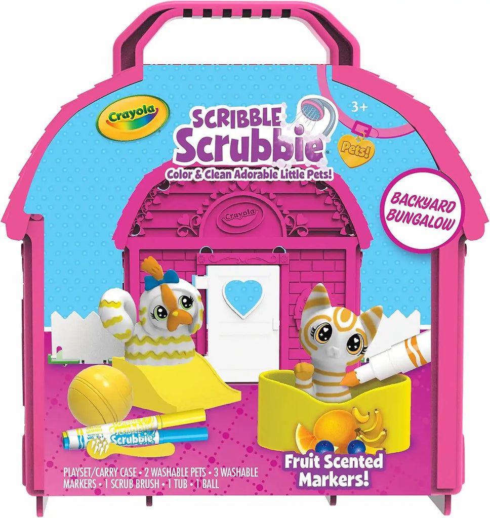 Crayola Scribble Scrubbie Backyard Bungalow set packaging with two toy pets and markers.
