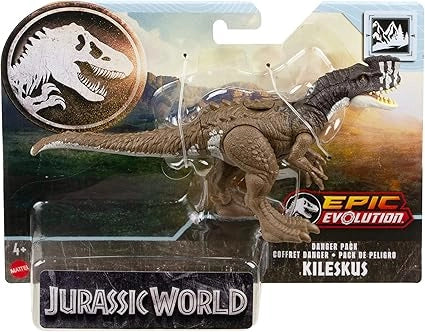 Jurassic World Kileskus dinosaur figure in packaging with 'Epic Evolution' branding.