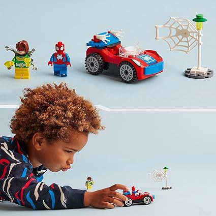 Children building and playing with LEGO Marvel characters and vehicles.