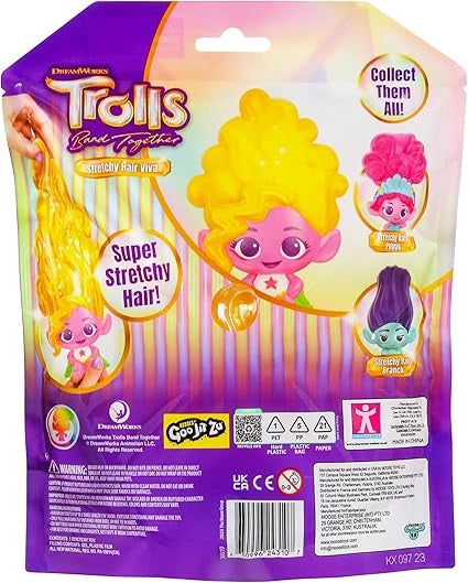 Trolls toy packaging with stretchy hair feature on a colorful background